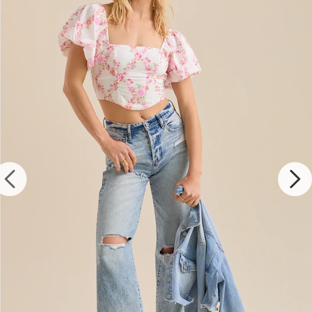 Floral Pink Puff Sleeve Crop Top